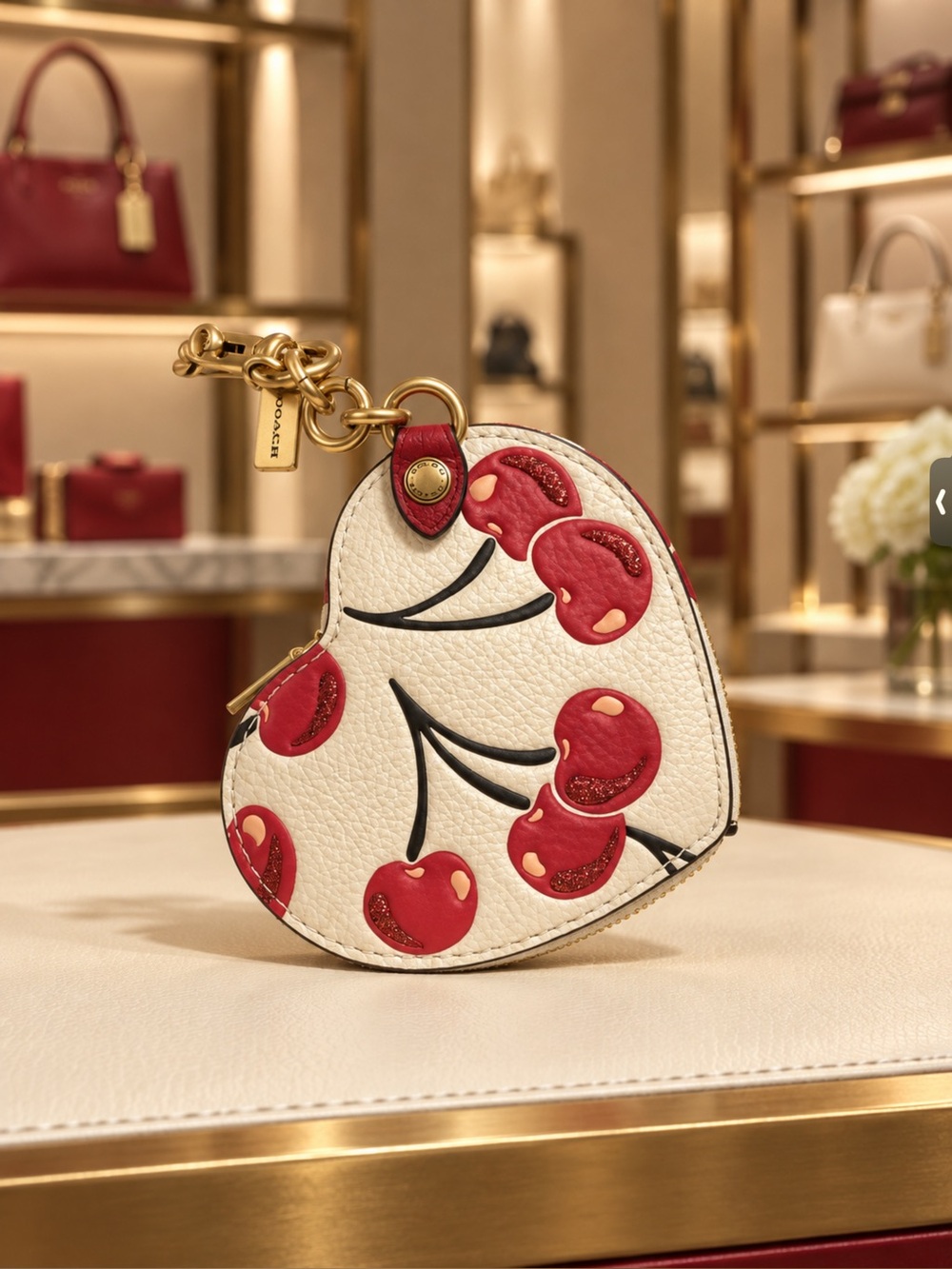 Coach White Leather Heart Coin Pouch with Red Cherry Appliqués and Gold Hardware